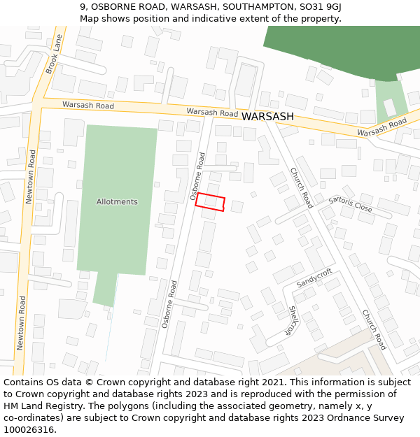 9, OSBORNE ROAD, WARSASH, SOUTHAMPTON, SO31 9GJ: Location map and indicative extent of plot