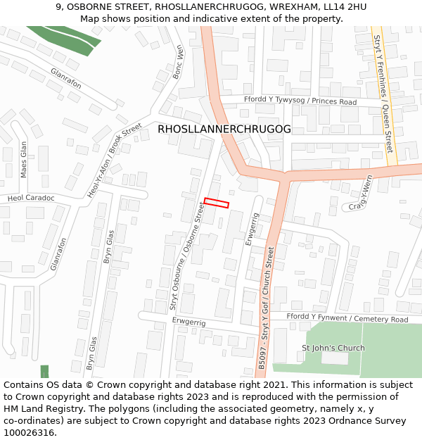 9, OSBORNE STREET, RHOSLLANERCHRUGOG, WREXHAM, LL14 2HU: Location map and indicative extent of plot