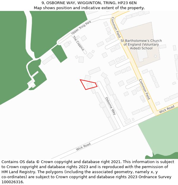 9, OSBORNE WAY, WIGGINTON, TRING, HP23 6EN: Location map and indicative extent of plot