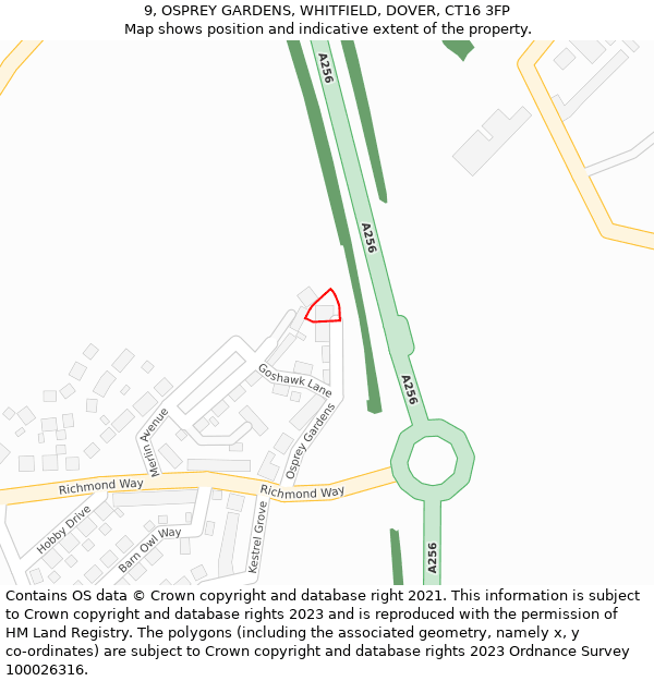 9, OSPREY GARDENS, WHITFIELD, DOVER, CT16 3FP: Location map and indicative extent of plot