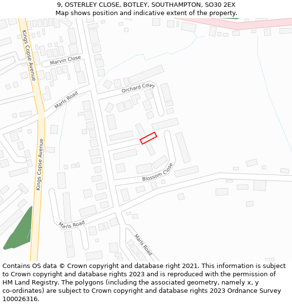 9, OSTERLEY CLOSE, BOTLEY, SOUTHAMPTON, SO30 2EX: Location map and indicative extent of plot