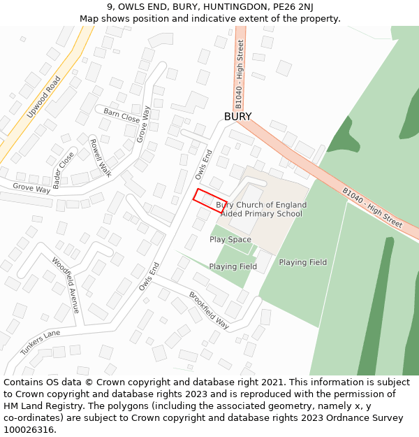 9, OWLS END, BURY, HUNTINGDON, PE26 2NJ: Location map and indicative extent of plot