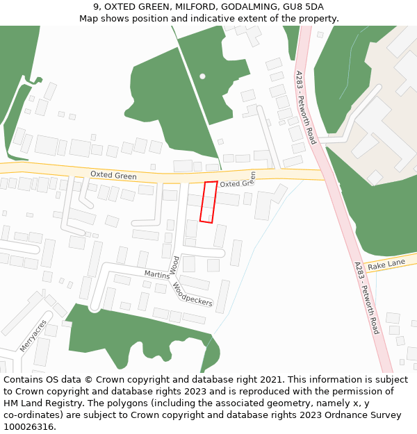 9, OXTED GREEN, MILFORD, GODALMING, GU8 5DA: Location map and indicative extent of plot