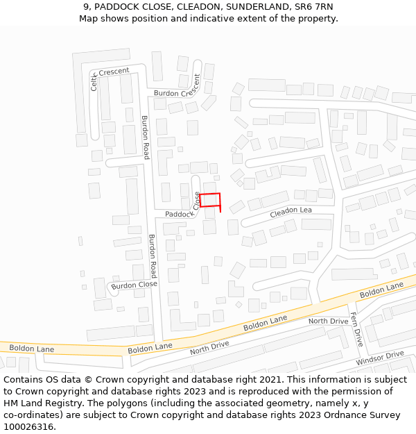 9, PADDOCK CLOSE, CLEADON, SUNDERLAND, SR6 7RN: Location map and indicative extent of plot