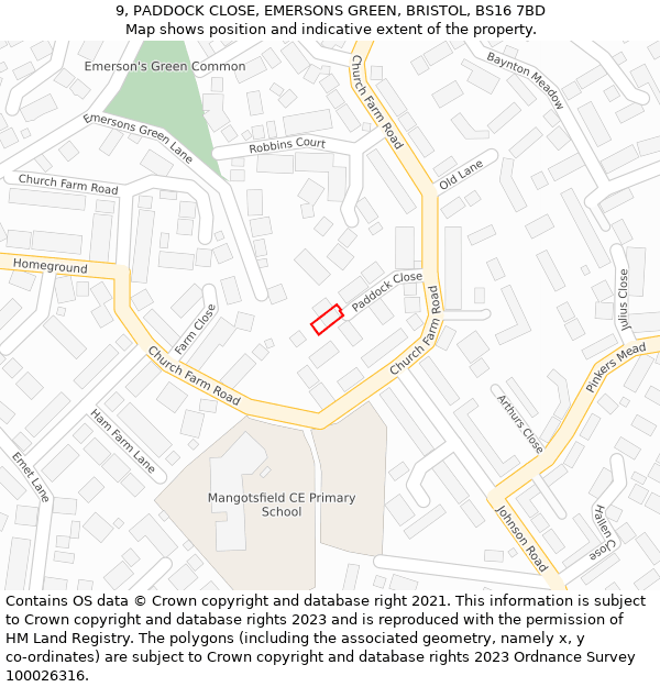 9, PADDOCK CLOSE, EMERSONS GREEN, BRISTOL, BS16 7BD: Location map and indicative extent of plot