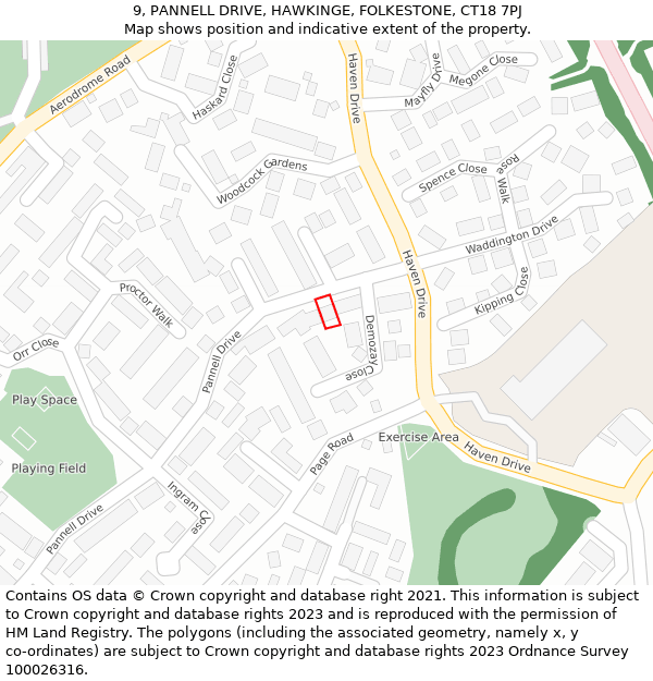 9, PANNELL DRIVE, HAWKINGE, FOLKESTONE, CT18 7PJ: Location map and indicative extent of plot