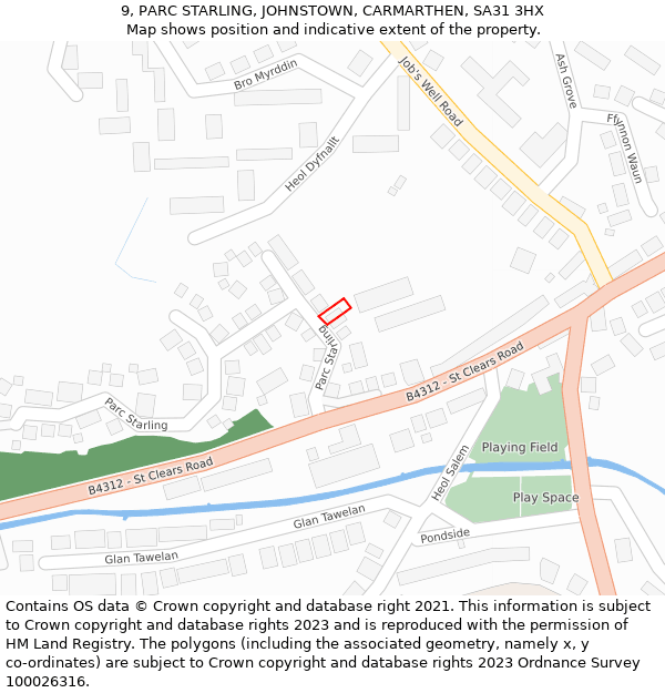 9, PARC STARLING, JOHNSTOWN, CARMARTHEN, SA31 3HX: Location map and indicative extent of plot