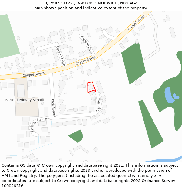 9, PARK CLOSE, BARFORD, NORWICH, NR9 4GA: Location map and indicative extent of plot