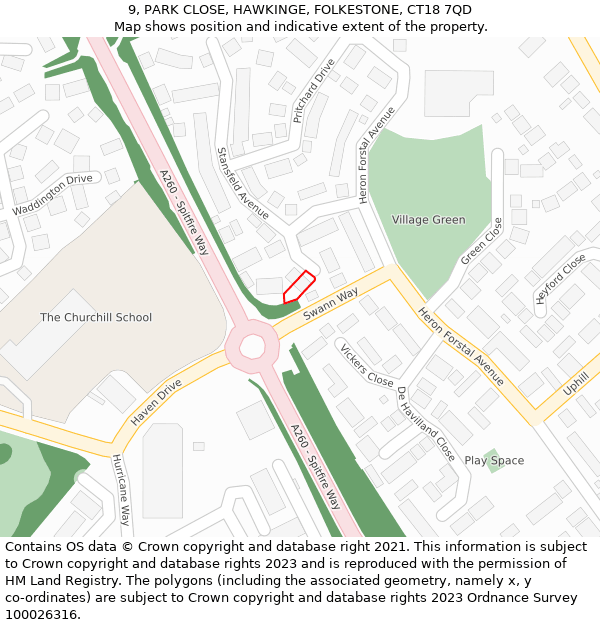 9, PARK CLOSE, HAWKINGE, FOLKESTONE, CT18 7QD: Location map and indicative extent of plot