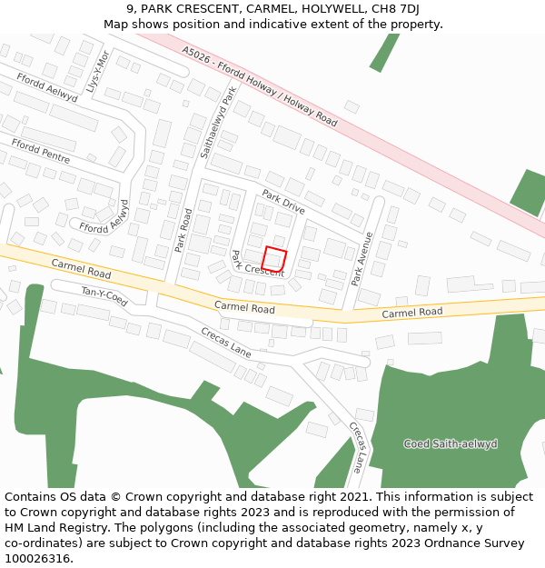 9, PARK CRESCENT, CARMEL, HOLYWELL, CH8 7DJ: Location map and indicative extent of plot