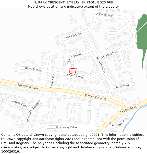 9, PARK CRESCENT, EMBSAY, SKIPTON, BD23 6PB: Location map and indicative extent of plot