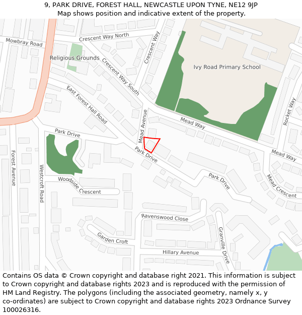 9, PARK DRIVE, FOREST HALL, NEWCASTLE UPON TYNE, NE12 9JP: Location map and indicative extent of plot