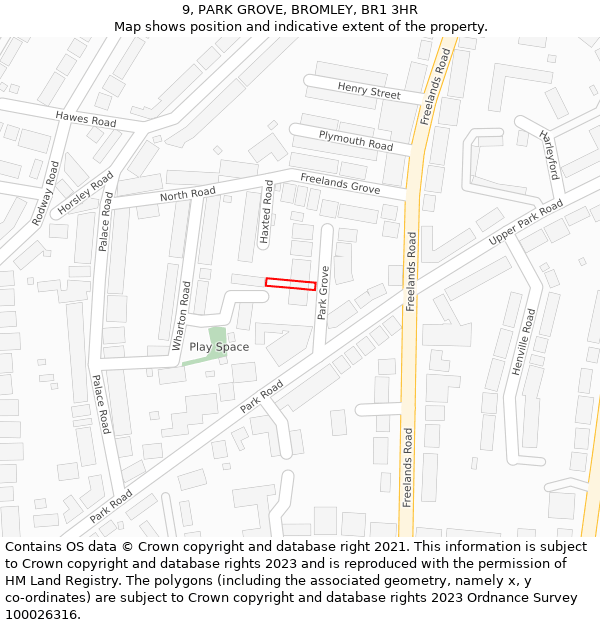 9, PARK GROVE, BROMLEY, BR1 3HR: Location map and indicative extent of plot