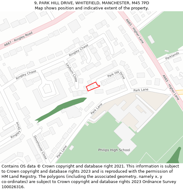 9, PARK HILL DRIVE, WHITEFIELD, MANCHESTER, M45 7PD: Location map and indicative extent of plot