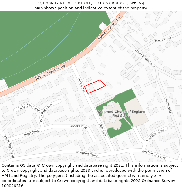 9, PARK LANE, ALDERHOLT, FORDINGBRIDGE, SP6 3AJ: Location map and indicative extent of plot