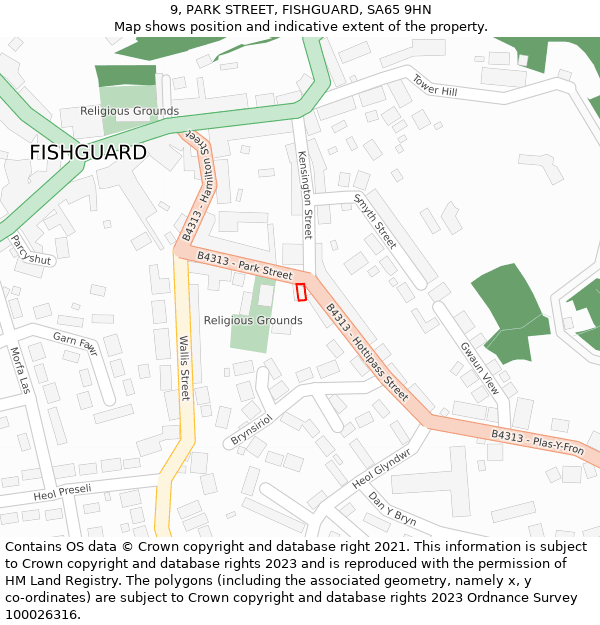 9, PARK STREET, FISHGUARD, SA65 9HN: Location map and indicative extent of plot