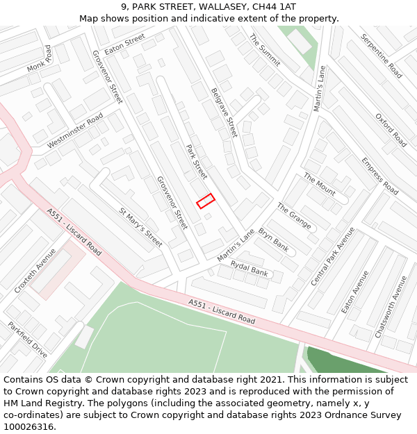 9, PARK STREET, WALLASEY, CH44 1AT: Location map and indicative extent of plot