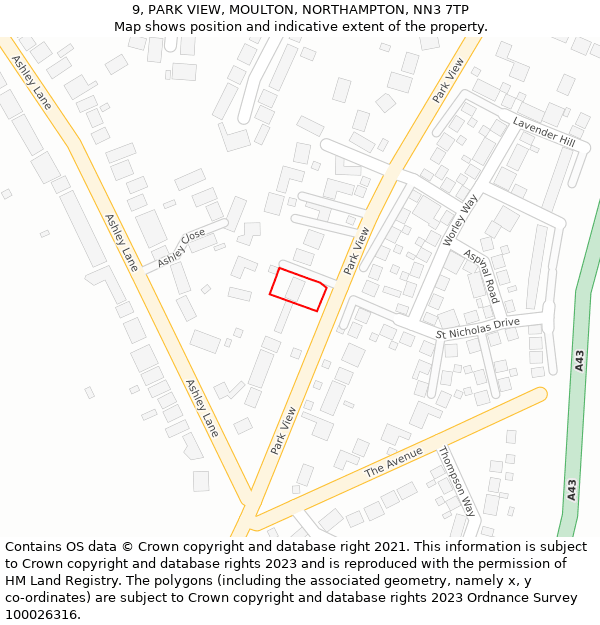 9, PARK VIEW, MOULTON, NORTHAMPTON, NN3 7TP: Location map and indicative extent of plot