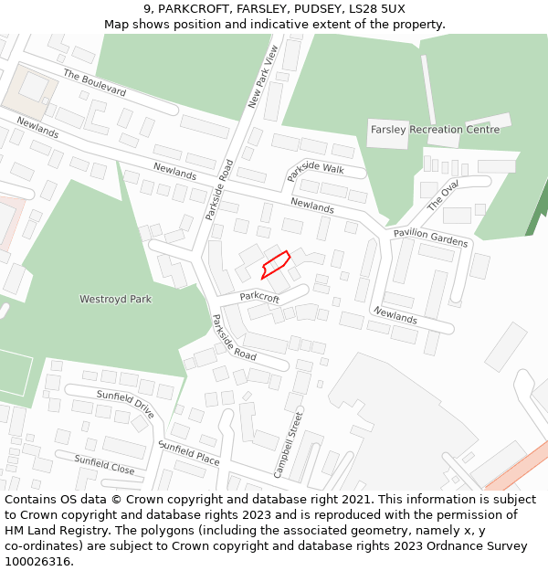 9, PARKCROFT, FARSLEY, PUDSEY, LS28 5UX: Location map and indicative extent of plot