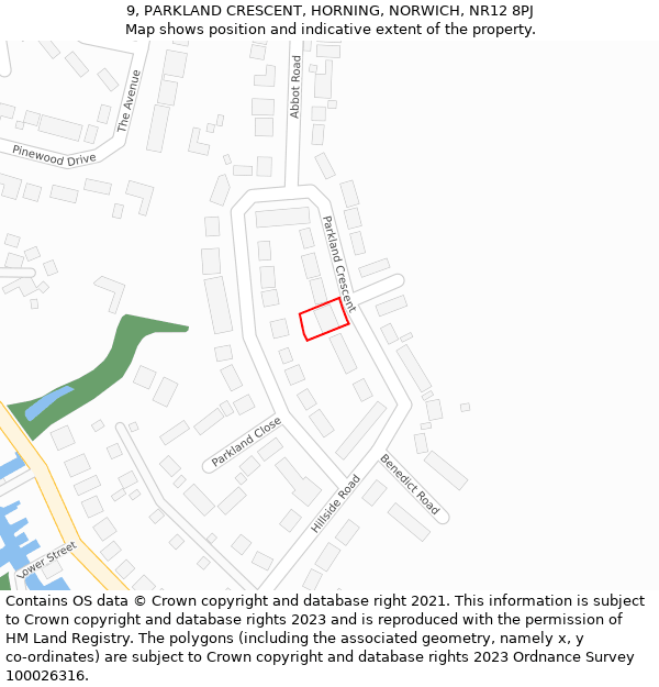 9, PARKLAND CRESCENT, HORNING, NORWICH, NR12 8PJ: Location map and indicative extent of plot