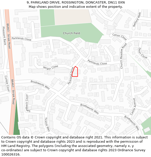 9, PARKLAND DRIVE, ROSSINGTON, DONCASTER, DN11 0XN: Location map and indicative extent of plot