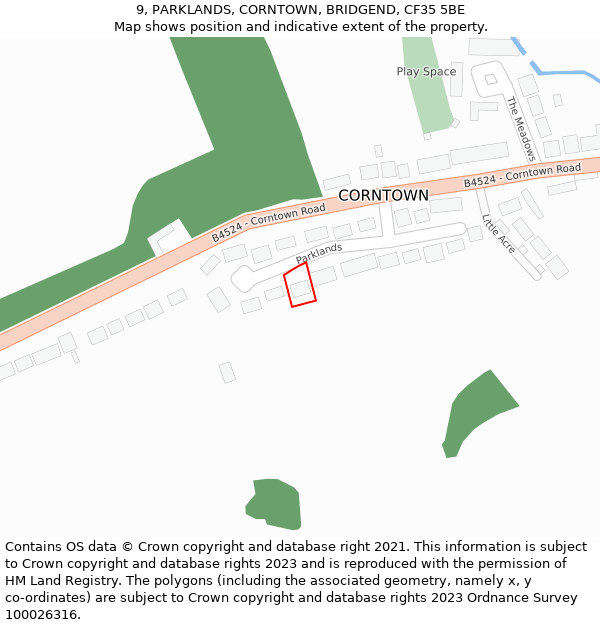 9, PARKLANDS, CORNTOWN, BRIDGEND, CF35 5BE: Location map and indicative extent of plot