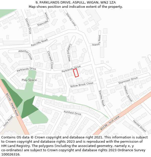 9, PARKLANDS DRIVE, ASPULL, WIGAN, WN2 1ZA: Location map and indicative extent of plot