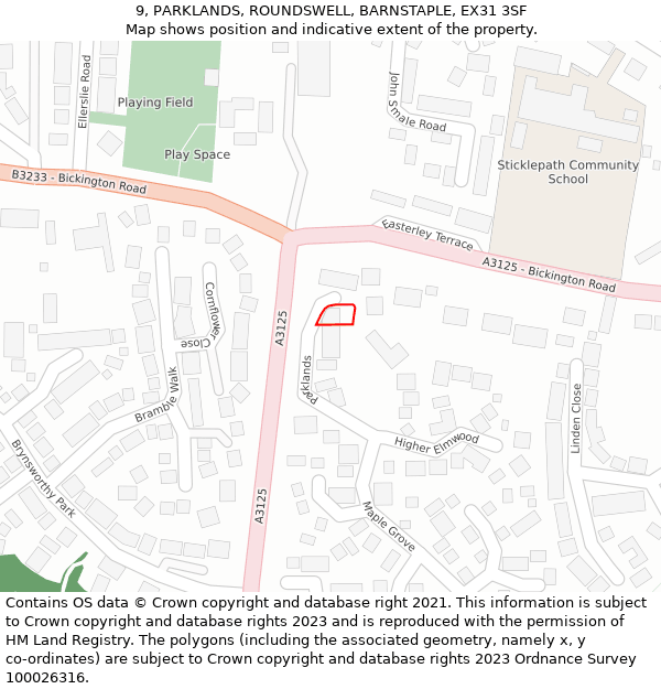 9, PARKLANDS, ROUNDSWELL, BARNSTAPLE, EX31 3SF: Location map and indicative extent of plot