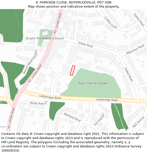 9, PARKSIDE CLOSE, WATERLOOVILLE, PO7 5QN: Location map and indicative extent of plot