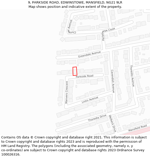 9, PARKSIDE ROAD, EDWINSTOWE, MANSFIELD, NG21 9LR: Location map and indicative extent of plot