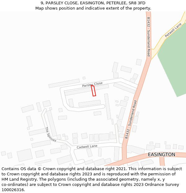 9, PARSLEY CLOSE, EASINGTON, PETERLEE, SR8 3FD: Location map and indicative extent of plot