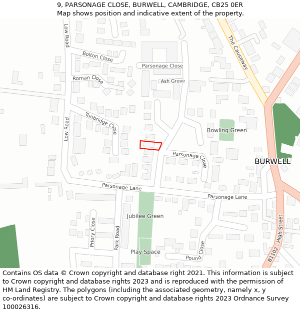 9, PARSONAGE CLOSE, BURWELL, CAMBRIDGE, CB25 0ER: Location map and indicative extent of plot