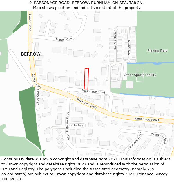 9, PARSONAGE ROAD, BERROW, BURNHAM-ON-SEA, TA8 2NL: Location map and indicative extent of plot