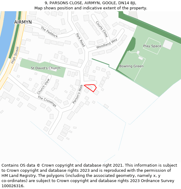 9, PARSONS CLOSE, AIRMYN, GOOLE, DN14 8JL: Location map and indicative extent of plot