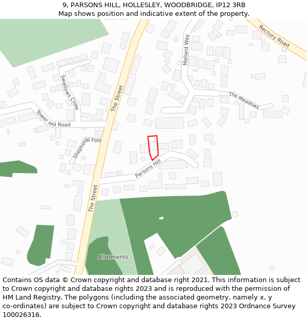 9, PARSONS HILL, HOLLESLEY, WOODBRIDGE, IP12 3RB: Location map and indicative extent of plot