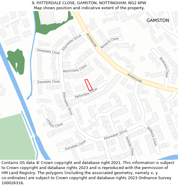 9, PATTERDALE CLOSE, GAMSTON, NOTTINGHAM, NG2 6PW: Location map and indicative extent of plot