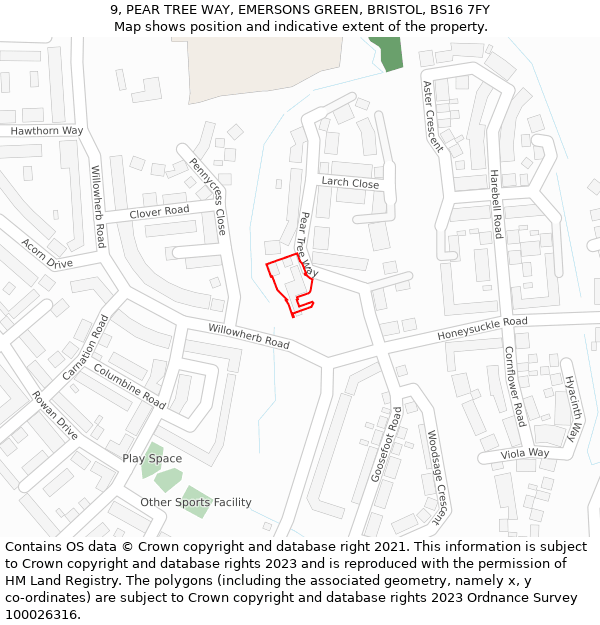 9, PEAR TREE WAY, EMERSONS GREEN, BRISTOL, BS16 7FY: Location map and indicative extent of plot