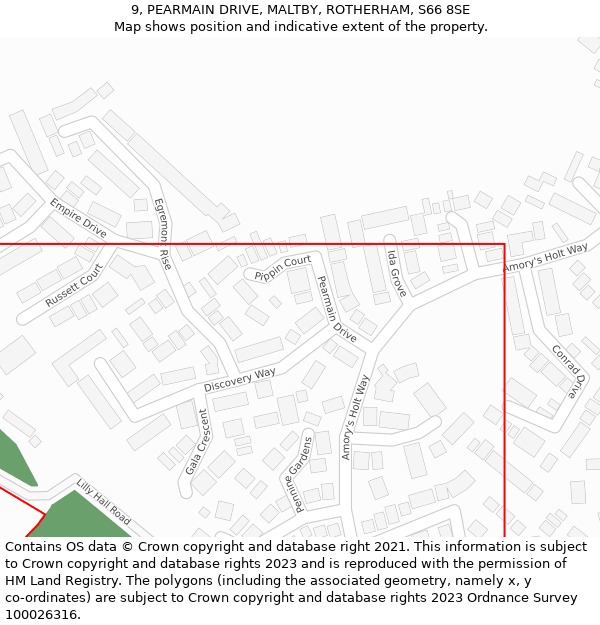 9, PEARMAIN DRIVE, MALTBY, ROTHERHAM, S66 8SE: Location map and indicative extent of plot