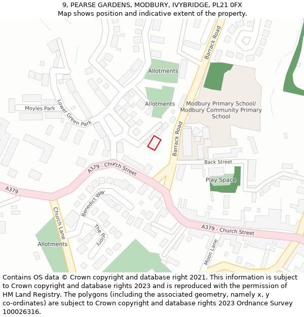 9, PEARSE GARDENS, MODBURY, IVYBRIDGE, PL21 0FX: Location map and indicative extent of plot