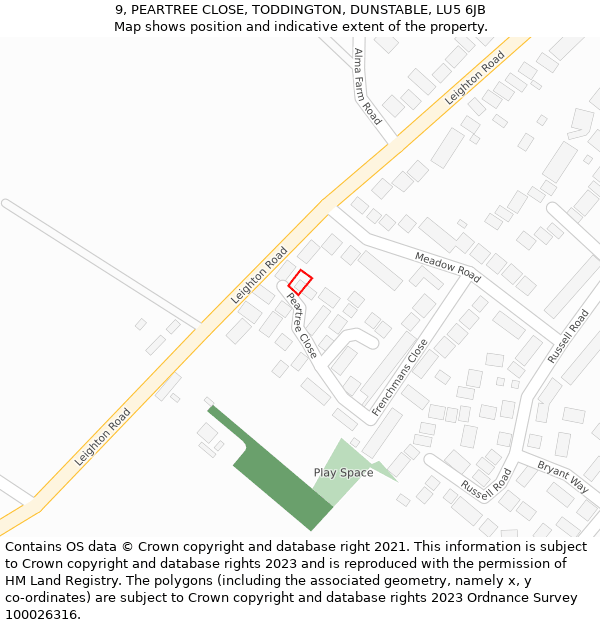 9, PEARTREE CLOSE, TODDINGTON, DUNSTABLE, LU5 6JB: Location map and indicative extent of plot