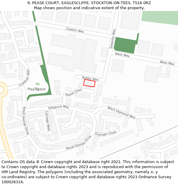 9, PEASE COURT, EAGLESCLIFFE, STOCKTON-ON-TEES, TS16 0RZ: Location map and indicative extent of plot