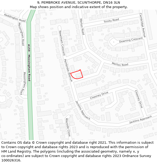 9, PEMBROKE AVENUE, SCUNTHORPE, DN16 3LN: Location map and indicative extent of plot