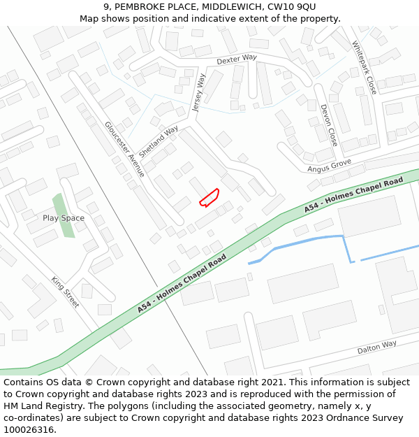 9, PEMBROKE PLACE, MIDDLEWICH, CW10 9QU: Location map and indicative extent of plot