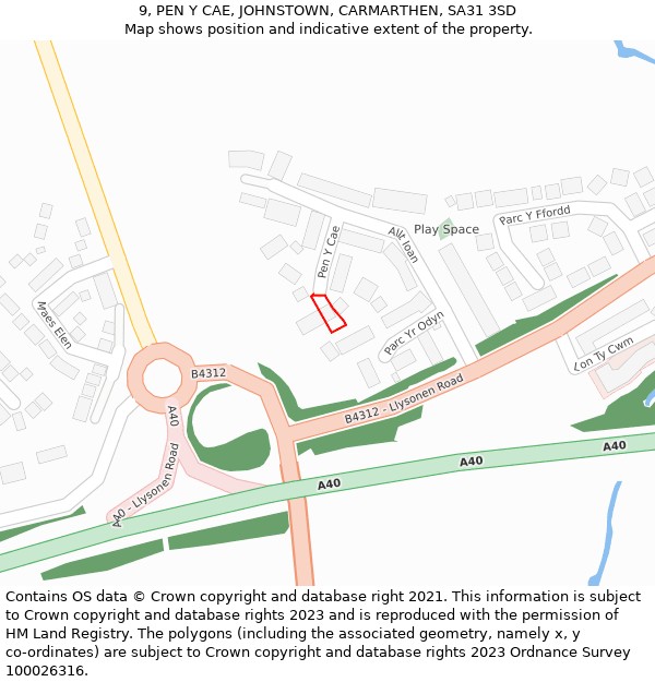 9, PEN Y CAE, JOHNSTOWN, CARMARTHEN, SA31 3SD: Location map and indicative extent of plot