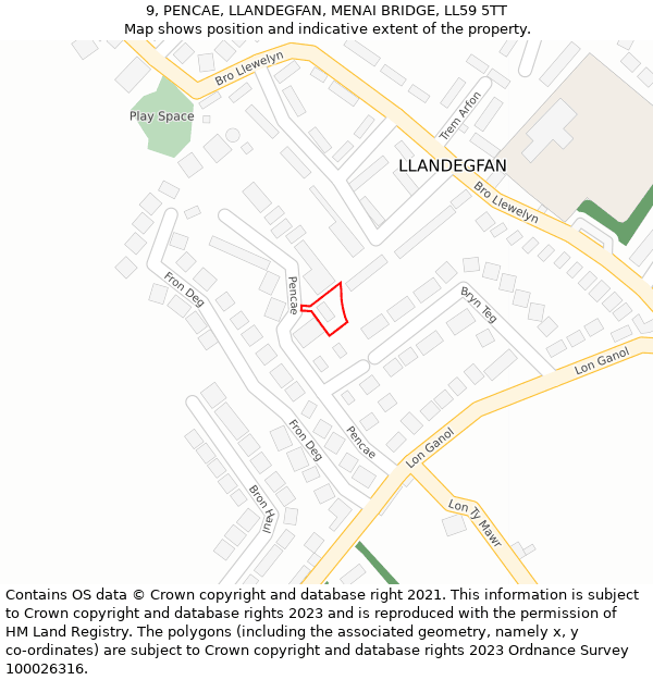 9, PENCAE, LLANDEGFAN, MENAI BRIDGE, LL59 5TT: Location map and indicative extent of plot