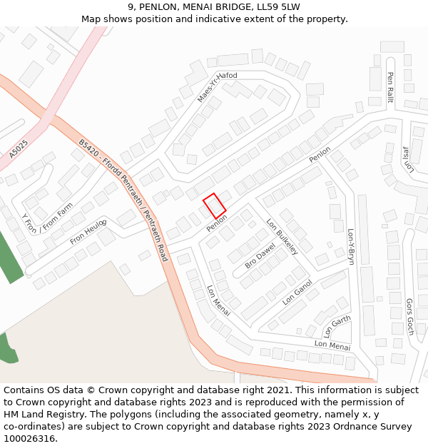 9, PENLON, MENAI BRIDGE, LL59 5LW: Location map and indicative extent of plot