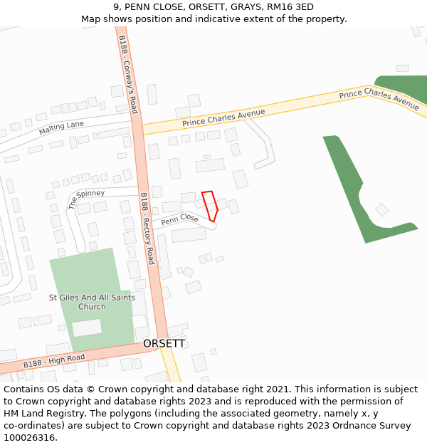9, PENN CLOSE, ORSETT, GRAYS, RM16 3ED: Location map and indicative extent of plot