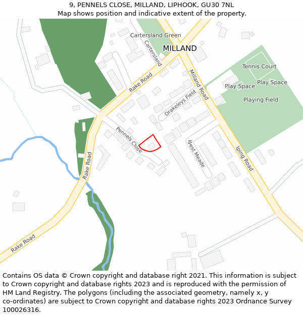 9, PENNELS CLOSE, MILLAND, LIPHOOK, GU30 7NL: Location map and indicative extent of plot