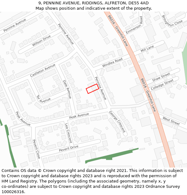 9, PENNINE AVENUE, RIDDINGS, ALFRETON, DE55 4AD: Location map and indicative extent of plot