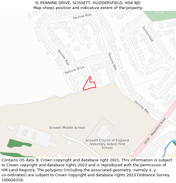 9, PENNINE DRIVE, SCISSETT, HUDDERSFIELD, HD8 9JD: Location map and indicative extent of plot